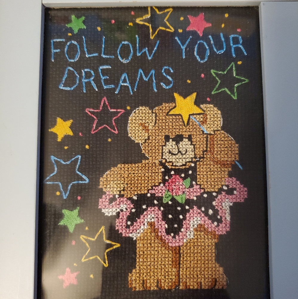 *SOLD* 💸 5 for $20 | "Follow Your Dreams" Teddy Bear Cross Stitch Framed Decor - Picture 2 of 7